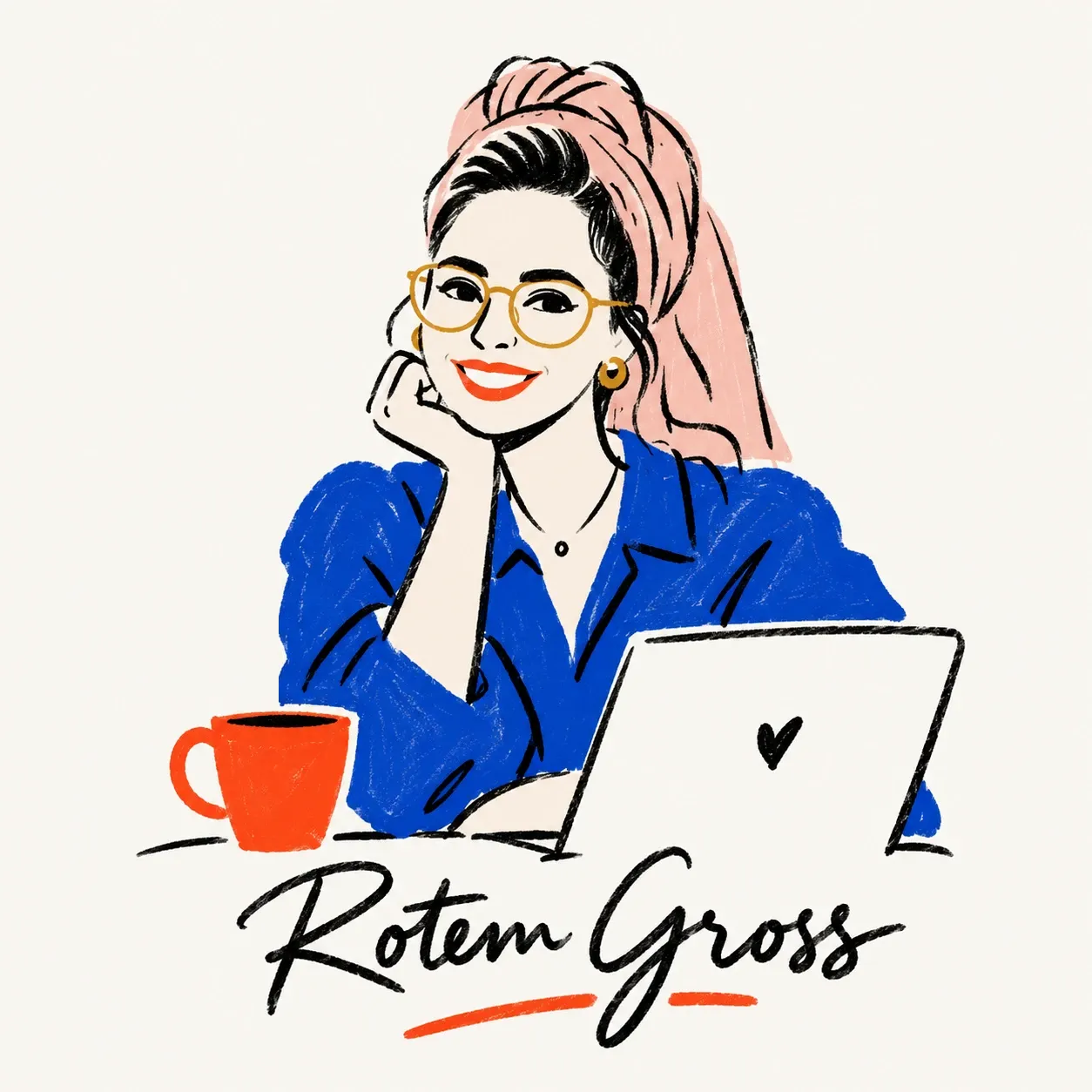 Illustrated portrait of Rotem Gross at her laptop with a coffee